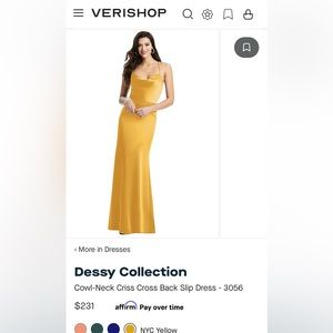 Dessy Collection Cowl Neck Criss cross back slip dress yellow color. Size 6 NWT